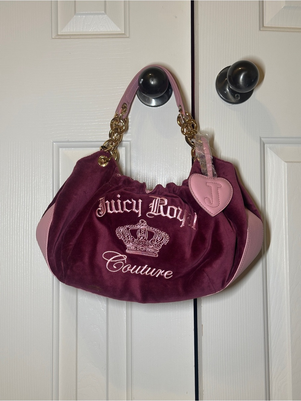 Vintage Juicy Couture Pink and Plum Suede Shoulder Bag - J Embossed Heart Detail